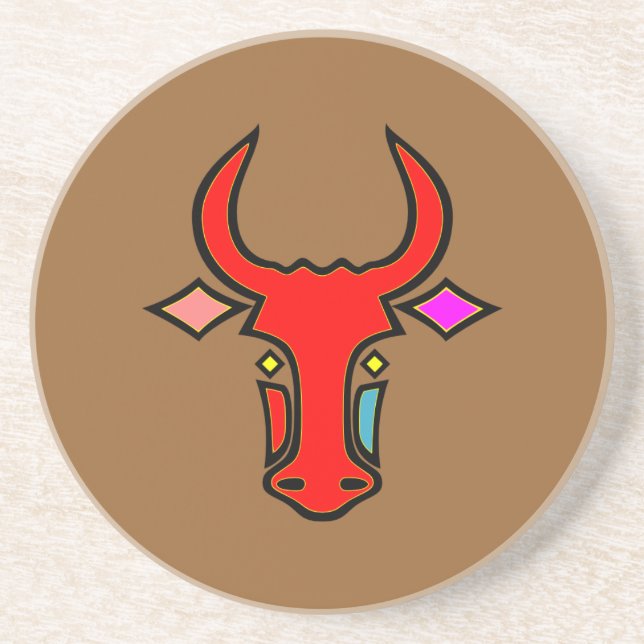 Stylised Texas Longhorn Sandstone Coaster (Front)