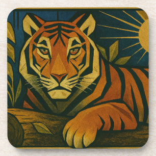 Stylised Tiger in Ornamental Sunburst Frame Coaster