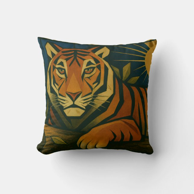 Stylised Tiger in Ornamental Sunburst Frame Cushion (Front)