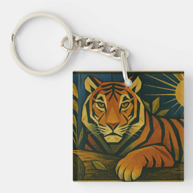 Stylised Tiger in Ornamental Sunburst Frame Key Ring (Front)