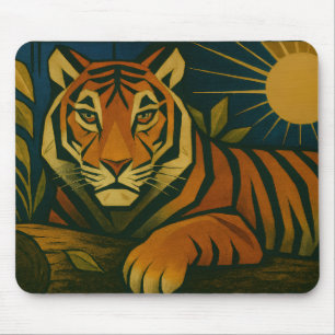 Stylised Tiger in Ornamental Sunburst Frame Mouse Pad