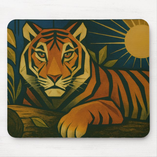 Stylised Tiger in Ornamental Sunburst Frame Mouse Pad (Front)