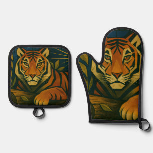 Stylised Tiger in Ornamental Sunburst Frame Oven Mitt & Pot Holder Set