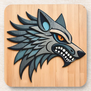 Stylised Tribal Wolf Art With Orange Eyes Coaster