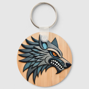 Stylised Tribal Wolf Art With Orange Eyes Key Ring