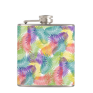 Stylised Tropical Palm Leafs Colourful Pattern Hip Flask