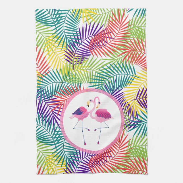 Stylised Tropical Palm Leafs & Pink Flamingos Tea Towel (Vertical)