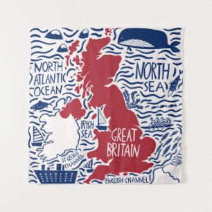 Stylised UK Map: Vintage Travel. Tapestry