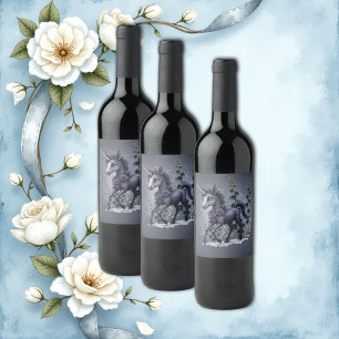 Stylised unicorn in floral splendour. wine label