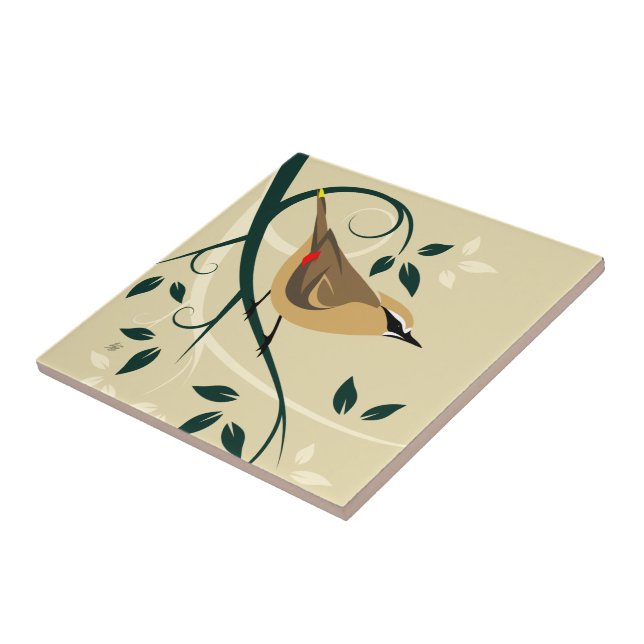 Stylised Waxwing Ceramic Tile (Side)