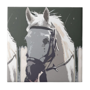 Stylised White Horse Head Sketch Ceramic Tile