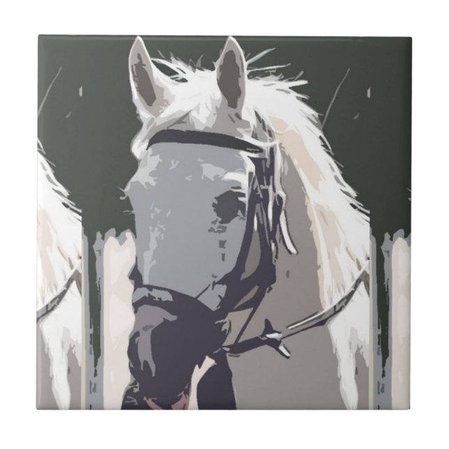 Stylised White Horse Head Sketch Ceramic Tile (Front)
