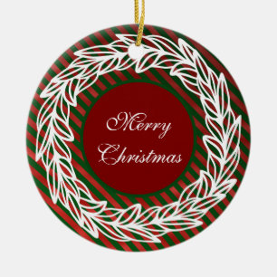 Stylised White Wreath on Red and Green Stripes Ceramic Ornament