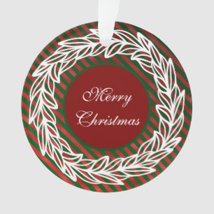 Stylised White Wreath on Red and Green Stripes Ornament