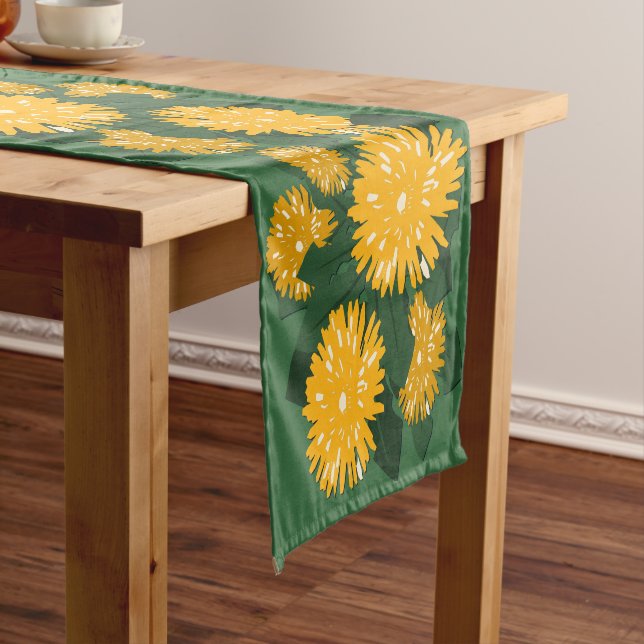 Stylised Wildflower Dandelion Bed Yellow & Green Long Table Runner (In Situ)