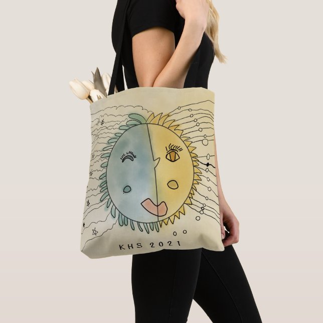 Stylised winking Sun and Moon plus Stars Tote (Close Up)