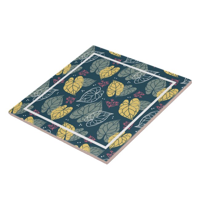 Stylised yellow and sage-green tropical leaves ceramic tile (Side)