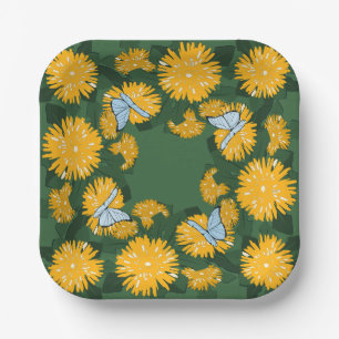 Stylised Yellow Wildflower Dandelion Butterflies Paper Plate