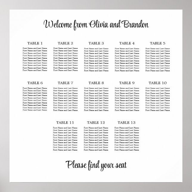 Stylish 13 Table Wedding Seating Chart Poster (Front)
