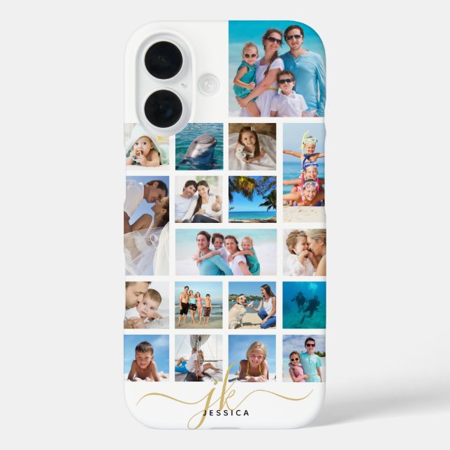 Stylish 18 Photo Collage Script Monogram Name Case-Mate iPhone Case (Back)
