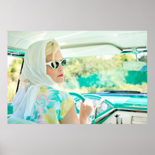 Stylish 1950s woman driving a classic automobile, poster