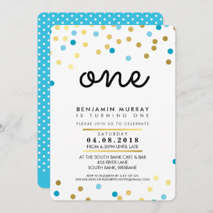 STYLISH 1ST birthday party INVITE blue gold boy