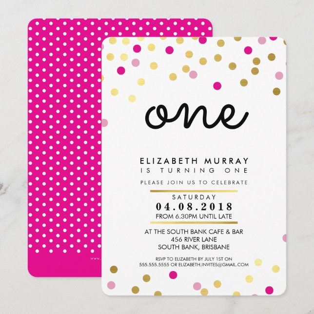 STYLISH 1ST birthday party INVITE pink gold girl (Front/Back)
