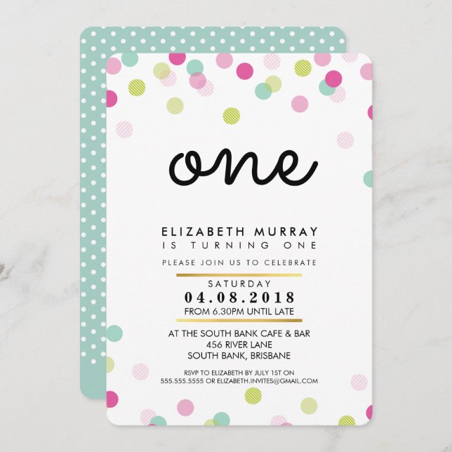 STYLISH 1ST birthday party INVITE pink mint girl (Front/Back)