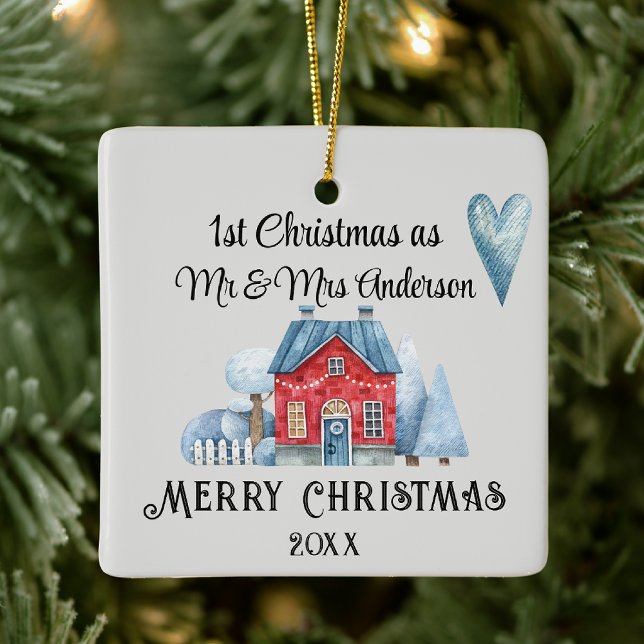 Stylish 1st Christmas as Mr & Mrs Newlyweds Ceramic Ornament (Creator Uploaded)
