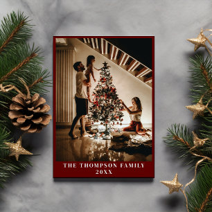Stylish 2024 Family Photo Minimalist Dark Red Holiday Card