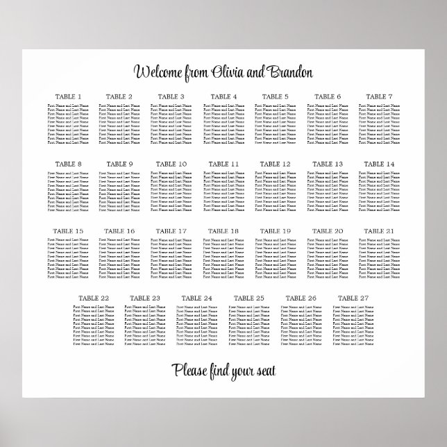 Stylish 27 Table Wedding Seating Chart Poster (Front)