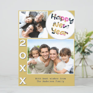Stylish 2 Photo Yellow Personalised Happy New Year Holiday Card