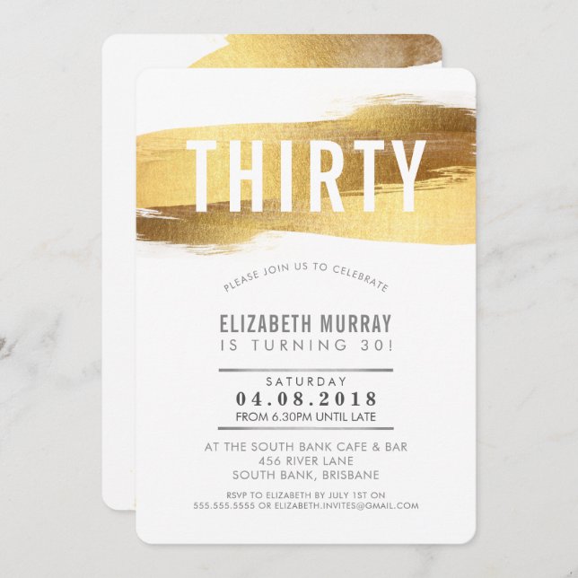 STYLISH 30TH birthday INVITE faux gold brushstroke (Front/Back)