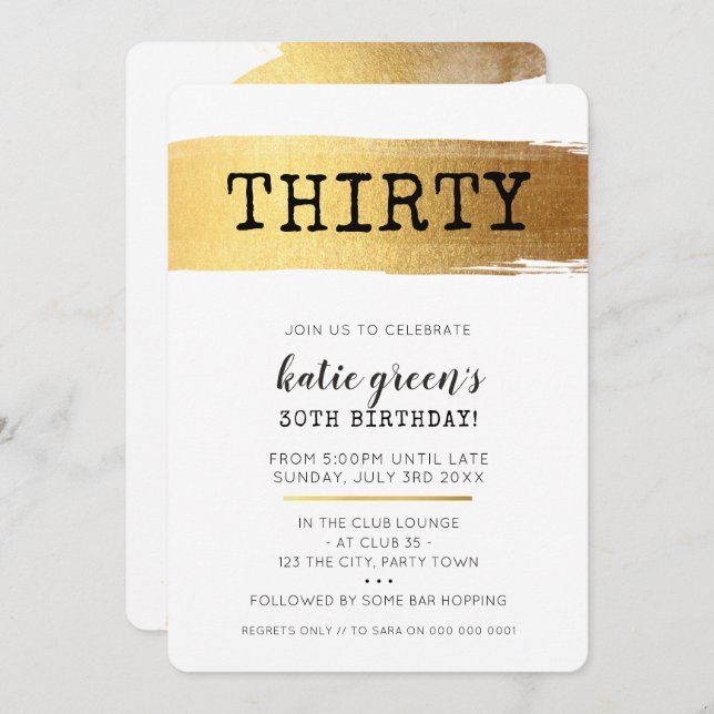 STYLISH 30TH birthday INVITE faux gold brushstroke (Front/Back)