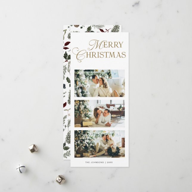 Stylish 3 Photo Watercolor Botanical Christmas Holiday Card (Front/Back In Situ)