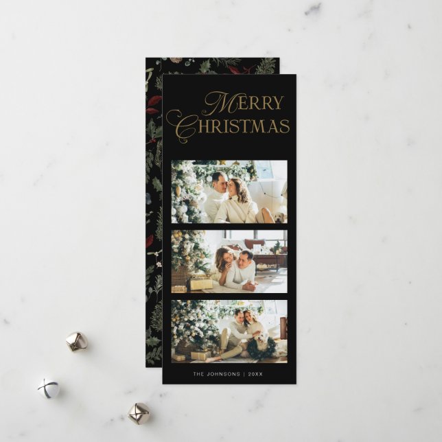 Stylish 3 Photo Watercolor Botanical Christmas Holiday Card (Front/Back In Situ)