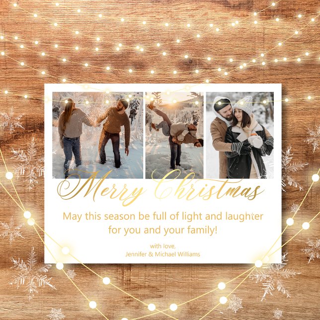 stylish 3 photos collage gold  Holiday Postcard (Creator Uploaded)