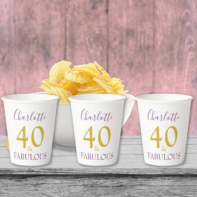 Stylish 40 and Fabulous 40th Birthday Party Paper Cups (Stylish 40 and fabulous gold and purple typography script custom 40th birthday party paper cups)