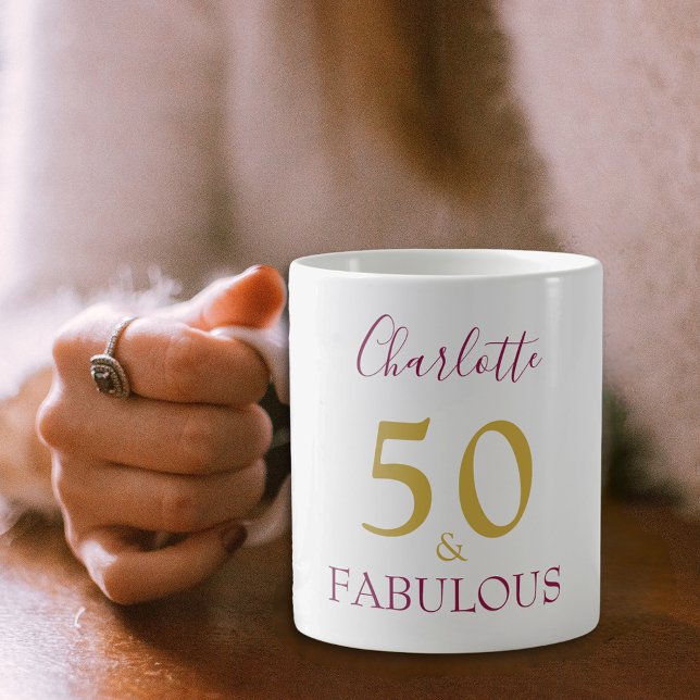 Stylish 50 and Fabulous Gold 50th Birthday Coffee Mug (50 and fabulous stylish burgundy and gold typography script custom name coffee mug for 50th birthday)