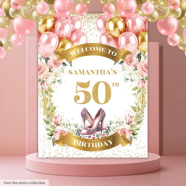 Stylish 50th Birthday Blush Flowers Gold Glitter  Tapestry (Stylish 50th Birthday Blush Flowers Gold Glitter Tapestry)
