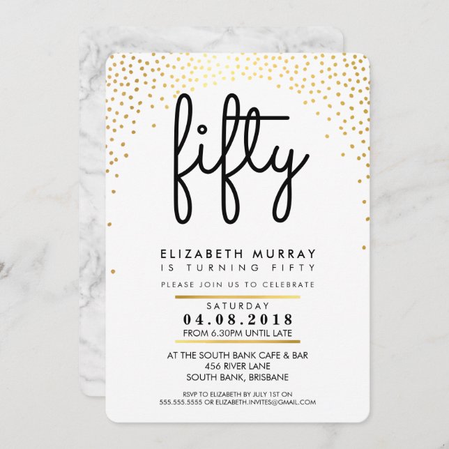 STYLISH 50TH birthday party INVITE gold confetti (Front/Back)