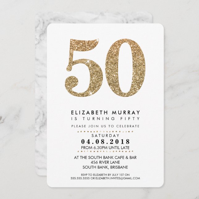 STYLISH 50TH birthday party INVITE gold glitter 50 (Front/Back)