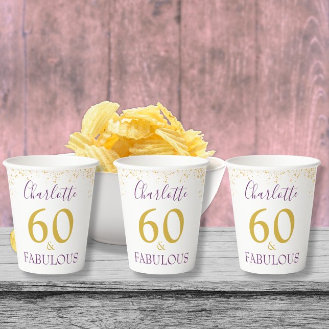 Stylish 60 and Fabulous Birthday Party Paper Cups (Stylish 60 & fabulous purple and gold glitter custom 60th birthday party paper cups)