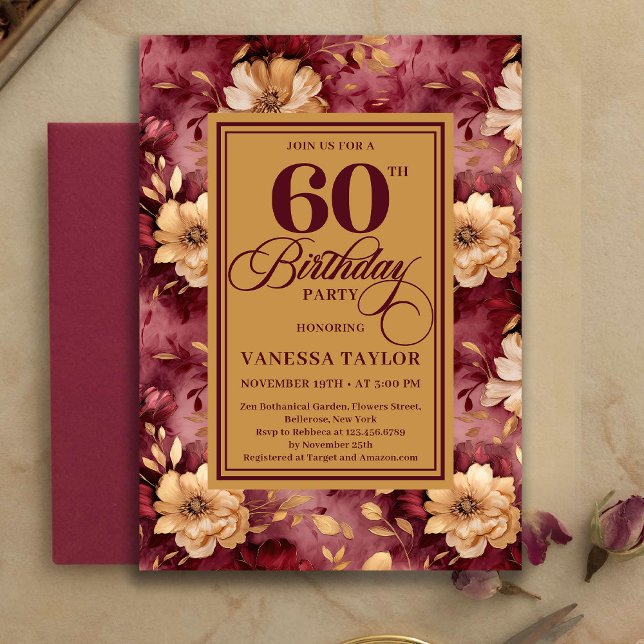 Stylish 60th Birthday Burgundy Blush Floral Gold   Invitation (Stylish 60th Birthday Burgundy Blush Floral Gold Invitation)