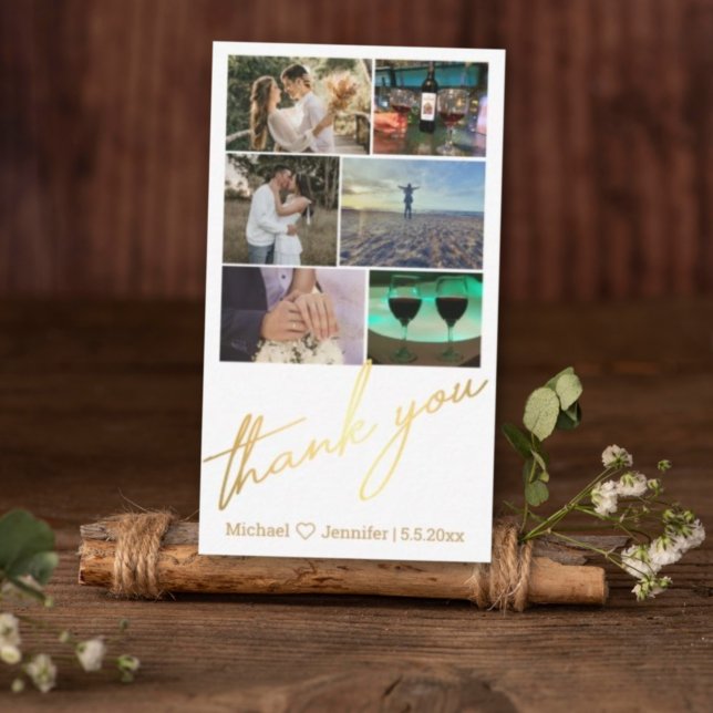 stylish 6 photos collage wedding thank you gold card (Creator Uploaded)