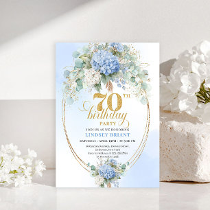 Stylish 70th Birthday Light Blue Hydrangea Invite