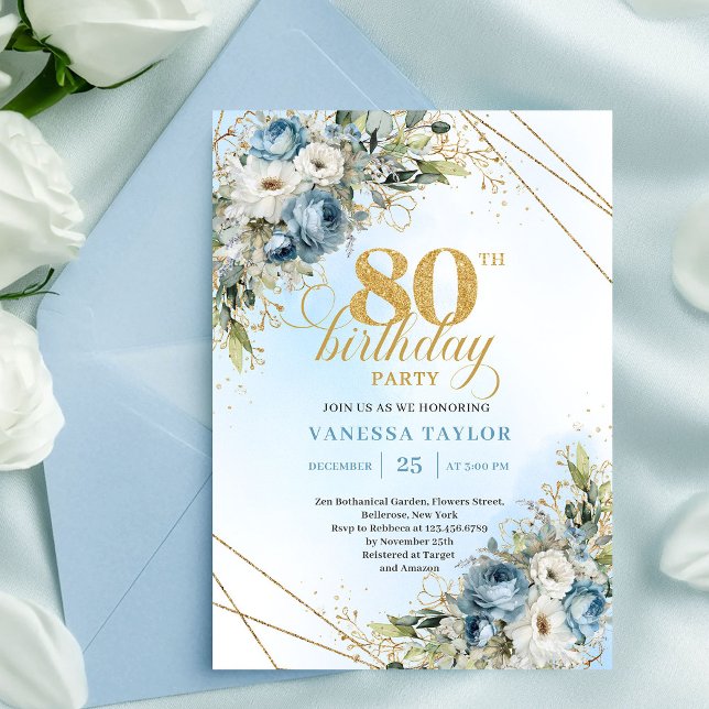 Stylish 80th Birthday Invitation Dusty Blue Gold  (Stylish 80th Birthday Invitation Dusty Blue Gold Frame)