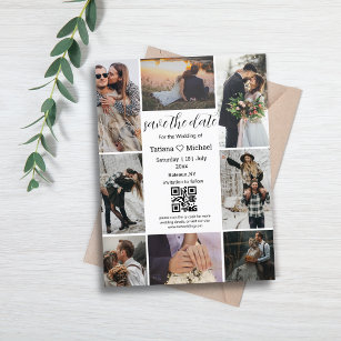 stylish 8 photos collage qr code save the date announcement postcard