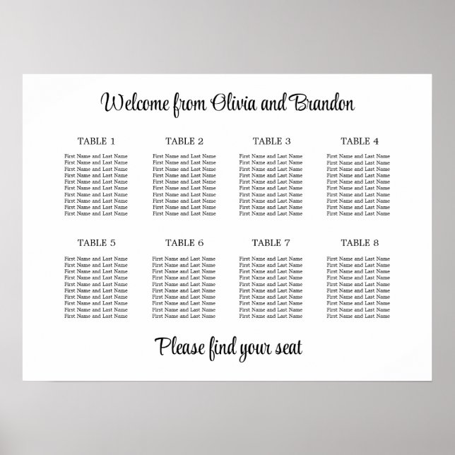 Stylish 8 Table Wedding Seating Chart Poster (Front)