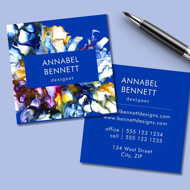 Stylish abstract colourful blue square business card (Blue abstract art square business card.  Edit with your own details online.)